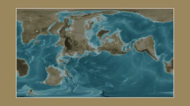 Bering Denizi. Patterson silindirik projeksiyonunda sepya renkli bir yükseklik haritasına yakın plan