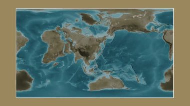 Bohai Denizi. Patterson silindirik projeksiyonunda sepya renkli bir yükseklik haritasına yakın plan