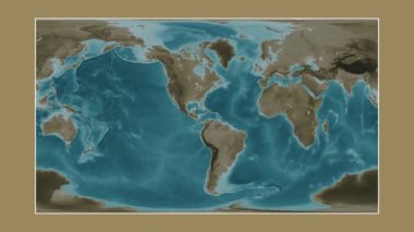 Karayip Denizi. Patterson silindirik projeksiyonunda sepya renkli bir yükseklik haritasına yakın plan