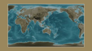 Halmahera Denizi. Patterson silindirik projeksiyonunda sepya renkli bir yükseklik haritasına yakın plan