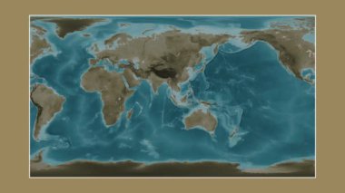 Malacca Boğazı. Patterson silindirik projeksiyonunda sepya renkli bir yükseklik haritasına yakın plan