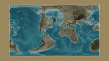 Alt havzalar hariç Kuzey Atlantik Okyanusu. Patterson silindirik projeksiyonunda sepya renkli bir yükseklik haritasına yakın plan