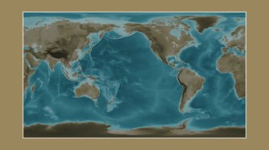 Pasifik Okyanusu, alt havzalar hariç. Patterson silindirik projeksiyonunda sepya renkli bir yükseklik haritasına yakın plan