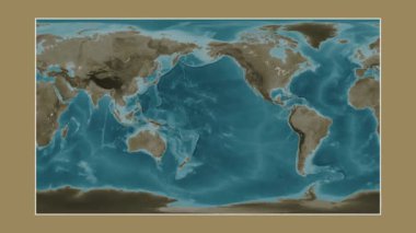 Pasifik Okyanusu. Patterson silindirik projeksiyonunda sepya renkli bir yükseklik haritasına yakın plan
