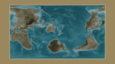 Tasman Denizi. Patterson silindirik projeksiyonunda sepya renkli bir yükseklik haritasına yakın plan
