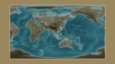 Tonkin Körfezi. Patterson silindirik projeksiyonunda sepya renkli bir yükseklik haritasına yakın plan