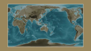 Batı Pasifik Okyanusu. Patterson silindirik projeksiyonunda sepya renkli bir yükseklik haritasına yakın plan