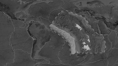Altiplano tektonik plakasının alanı Eckert III projeksiyonundaki küresel bir gri ölçekli yükseklik haritasından özetlenmiştir.