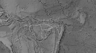 Balmoral Resifi tektonik plakasının alanı, Eckert III projeksiyonundaki gri ölçekli yükseklik haritasında katı bir çizgi ile işaretlenmiştir.