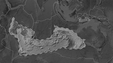 Area of the Banda Sea tectonic plate outlined and extracted from a global grayscale elevation map in the Eckert III projection clipart