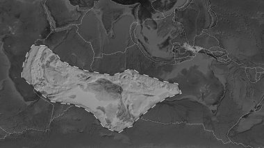 Area of the Birds Head tectonic plate outlined and extracted from a global grayscale elevation map in the Eckert III projection