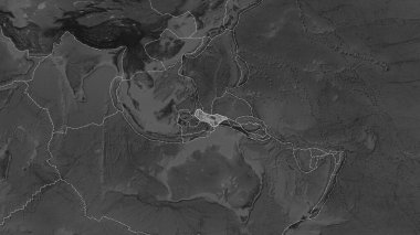 Tectonic plates borders of areas adjacent to the Birds Head plate area on the grayscale map in the Eckert III projection