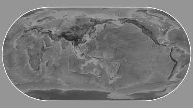 Grayscale elevation map of the world in the Eckert III projection transformed to the center of the Caroline tectonic plate clipart