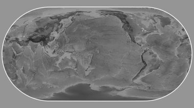 Grayscale elevation map of the world in the Eckert III projection transformed to the center of the Futuna tectonic plate clipart