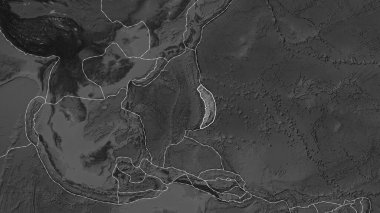 Eckert III projeksiyonundaki gri pullu haritada Mariana plakasının yakınındaki alanların tektonik plakalar sınırları