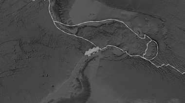 Area of the Shetland tectonic plate marked with a dashed line against the background of a darkened grayscale elevation map in the Eckert III projection clipart