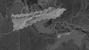 Area of the Timor tectonic plate outlined and extracted from a global grayscale elevation map in the Eckert III projection clipart