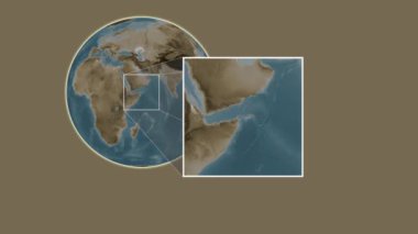 Abd al-Kuri Adası. Yerin, Arap Denizi 'nde iki adımlık kaydırma iskeleti kullanarak sepya renkli bir yükseklik haritasında sunulması- Yemen
