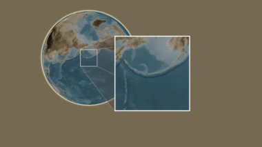 Adak Adası. Yerin, Bering Denizi 'nde iki adımlık kaydırma iskeleti kullanarak sepya renginde bir yükseklik haritasında sunumu - ABD