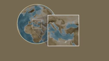 Agios Efstratios Adası. Konumun Ege Denizi - Yunanistan 'da iki adımlık kaydırma çerçeve çıkarımı kullanılarak sepya renginde bir yükseklik haritasında sunulması