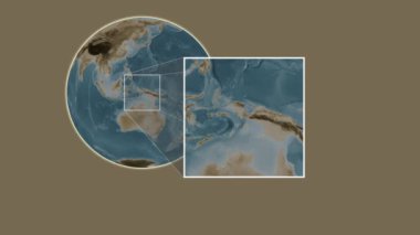 Pulau Aiduma Adası. Arafura Denizi - Endonezya - Endonezya 'da iki adımlık kaydırak çerçeve ekstraksiyonu kullanılarak sepia renkli bir yükseklik haritasında konumun sunumu