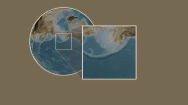 Akutan Adası. Yerin, Bering Denizi 'nde iki adımlık kaydırma iskeleti kullanarak sepya renginde bir yükseklik haritasında sunumu - ABD