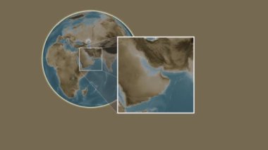 Al Futaysi Adası. Basra Körfezi Birleşik Arap Emirlikleri 'nde iki adımlık kaydırma iskeleti ekstraksiyonu kullanılarak sepya renkli bir yükseklik haritasında konumun sunumu