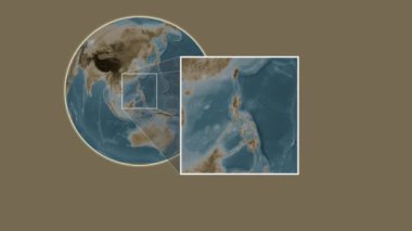 Alabat Adası. Filipin Denizi - Filipinler - Filipinler - Filipinler 'de iki adımlık bir kaydırak çerçeve ekstraksiyonu kullanılarak sepia renginde bir yükseklik haritası üzerinde konum sunumu