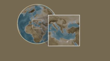 Alonissos Adası. Konumun Ege Denizi - Yunanistan 'da iki adımlık kaydırma çerçeve çıkarımı kullanılarak sepya renginde bir yükseklik haritasında sunulması