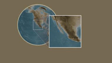 Altamura Adası. Kaliforniya Körfezi - Meksika Körfezi 'ndeki kaydırak gibi iki basamaklı çerçeve çıkartması kullanılarak sepia renkli bir yükseklik haritasında konumun sunumu