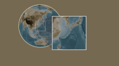 Amamioshima Adası. Doğu Çin Denizi 'nde, yani Japonya' da, sepia renkli bir yükseklik haritasında, iki adımlık bir çerçeve çıkarımı kullanılarak sunuluyor.