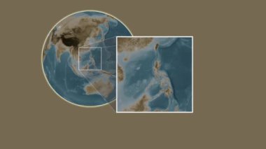 Ambil Adası. Filipin Denizi - Filipinler - Filipinler - Filipinler 'de iki adımlık bir kaydırak çerçeve ekstraksiyonu kullanılarak sepia renginde bir yükseklik haritası üzerinde konum sunumu