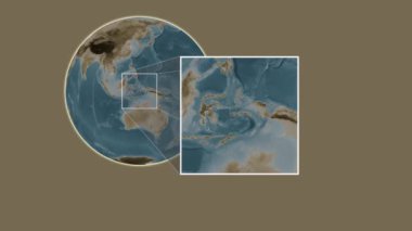 Pulau Ambon Adası. Banda Denizi - Endonezya - Endonezya - Banda Denizi 'ndeki iki basamaklı kaydırak çerçeve ekstraksiyonu kullanılarak sepya renkli bir yükseklik haritasında konumun sunumu