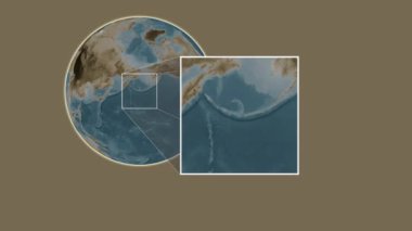 Amchitka Adası. Yerin, Bering Denizi 'nde iki adımlık kaydırma iskeleti kullanarak sepya renginde bir yükseklik haritasında sunumu - ABD