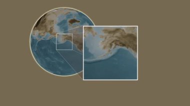 Amook Adası. Amerika Birleşik Devletleri, Alaska Körfezi 'nde iki adımlık bir kaydırak çerçeve ekstraksiyonu kullanılarak sepia renkli bir yükseklik haritasında yer almaktadır.