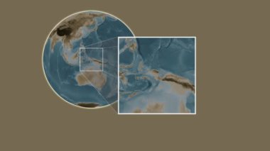 Pulau Amutu Besar Adası. Konumun Ceram Denizi - Endonezya - Ceram Denizi 'ndeki kaydırak benzeri iki adımlı çerçeve ekstraksiyonu kullanılarak sepya renkli bir yükseklik haritasında sunulması