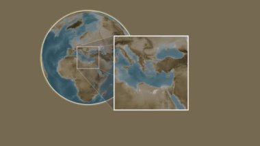 Anafi Adası. Konumun Ege Denizi - Yunanistan 'da iki adımlık kaydırma çerçeve çıkarımı kullanılarak sepya renginde bir yükseklik haritasında sunulması