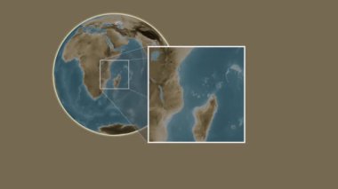 Anjouan Adası. Mozambik Kanalı - Comoros - Mozambik Kanalı 'nda iki adımlık kaydırma çerçeve ekstraksiyonu kullanılarak sepya renginde bir yükseklik haritasında konumun sunumu