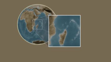 Ankify Adası. Mozambik Kanalı Madagaskar 'daki kaydırma-benzeri iki adımlık çerçeve ekstraksiyonu kullanılarak sepya renginde bir yükseklik haritasında konumun sunumu