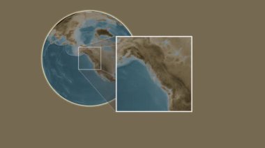 Annette Adası. Güneydoğu Alaska ve Britanya Kolumbiyası 'nın Kıyı Suları' ndaki kaydırak gibi iki basamaklı kare çıkartması kullanılarak sepia renginde bir yükseklik haritasında sunuluyor.