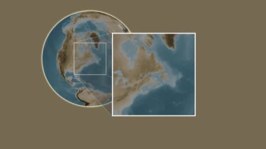 Anticosti Adası. Yeri, St. Lawrence Körfezi - Kanada Körfezi 'nde iki adımlık bir kaydırak çerçeve çıkarımı kullanılarak sepya renginde bir yükseklik haritasında sunuluyor.