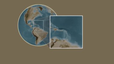 Antigua Adası. Karayip Denizi - Antigua ve Barbuda - Karayip Denizi 'nde iki adımlık kaydırma iskeleti kullanarak sepya renginde bir yükseklik haritasında konumun sunumu