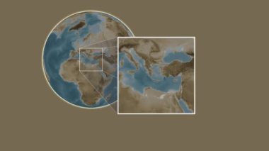 Antiparos Adası. Konumun Ege Denizi - Yunanistan 'da iki adımlık kaydırma çerçeve çıkarımı kullanılarak sepya renginde bir yükseklik haritasında sunulması