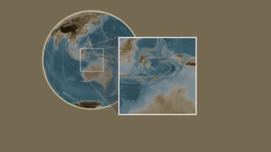 Atauro Adası. Banda Denizi - Doğu Timor - Doğu Timor - Banda Denizi 'ndeki kaydırma-benzeri iki basamaklı çerçeve çıkarımı kullanılarak sepia renkli bir yükseklik haritasında konumun sunumu