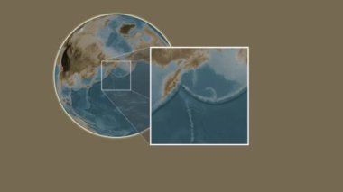 Attu Adası. Yerin, Bering Denizi 'nde iki adımlık kaydırma iskeleti kullanarak sepya renginde bir yükseklik haritasında sunumu - ABD