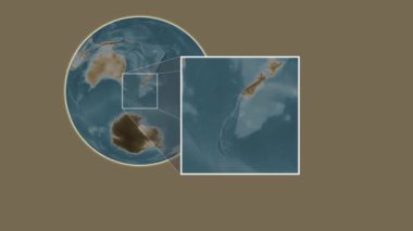 Auckland Adası. Tasman Denizi - Yeni Zelanda 'da iki adımlık kaydırma çerçeve ekstraksiyonu kullanılarak sepya renginde bir yükseklik haritasında konumun sunumu