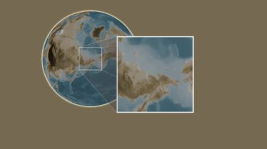 Ayon Adası. Doğu Sibirya Denizi 'nde, yani Rusya' da, iki adımlık bir kaydırak iskelet çıkartması kullanılarak, sepia renkli bir yükseklik haritasında konumun sunumu