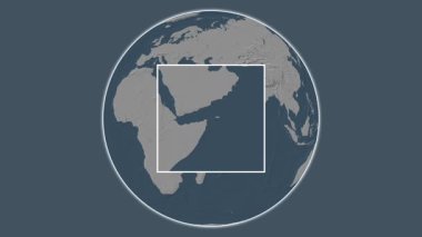 Abd al-Kruri Adası. Mekanın yeri, Arap Denizi 'nde merkezli iki adımlık kare çıkarımı kullanılarak, çelik renkli bir yükseklik haritasında sunuluyor - Yemen