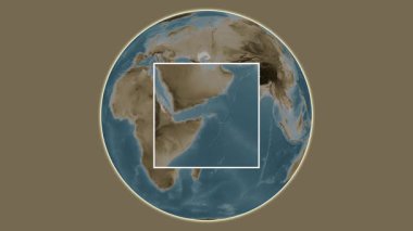 Abd al-Kruri Adası. Yerin, Arap Denizi 'nde merkezli iki adımlık kare çıkarımı kullanılarak sepya renginde bir yükseklik haritasında sunulması - Yemen