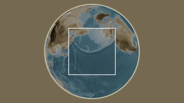 Adak Adası. Yerin, Bering Denizi 'nde merkezli iki adımlık çerçeve ekstraksiyonu kullanılarak sepya renkli bir yükseklik haritasında sunumu - ABD